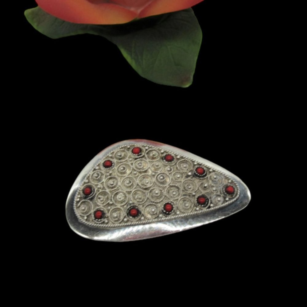 Vintage Sterling Silver and Red Coral Brooch Pin, Made in Israel over 12 grams